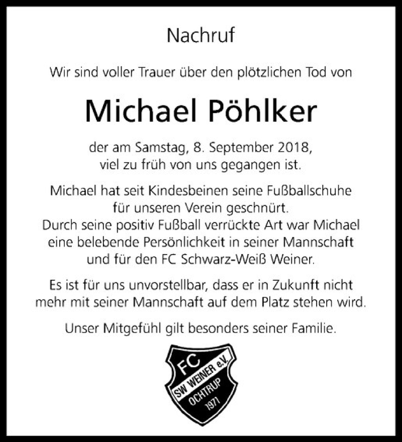  Traueranzeige für Michael Pöhlker vom 13.09.2018 aus Westfälische Nachrichten