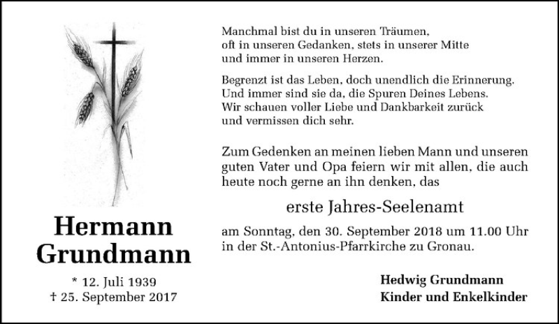  Traueranzeige für Hermann Grundmann vom 22.09.2018 aus Westfälische Nachrichten