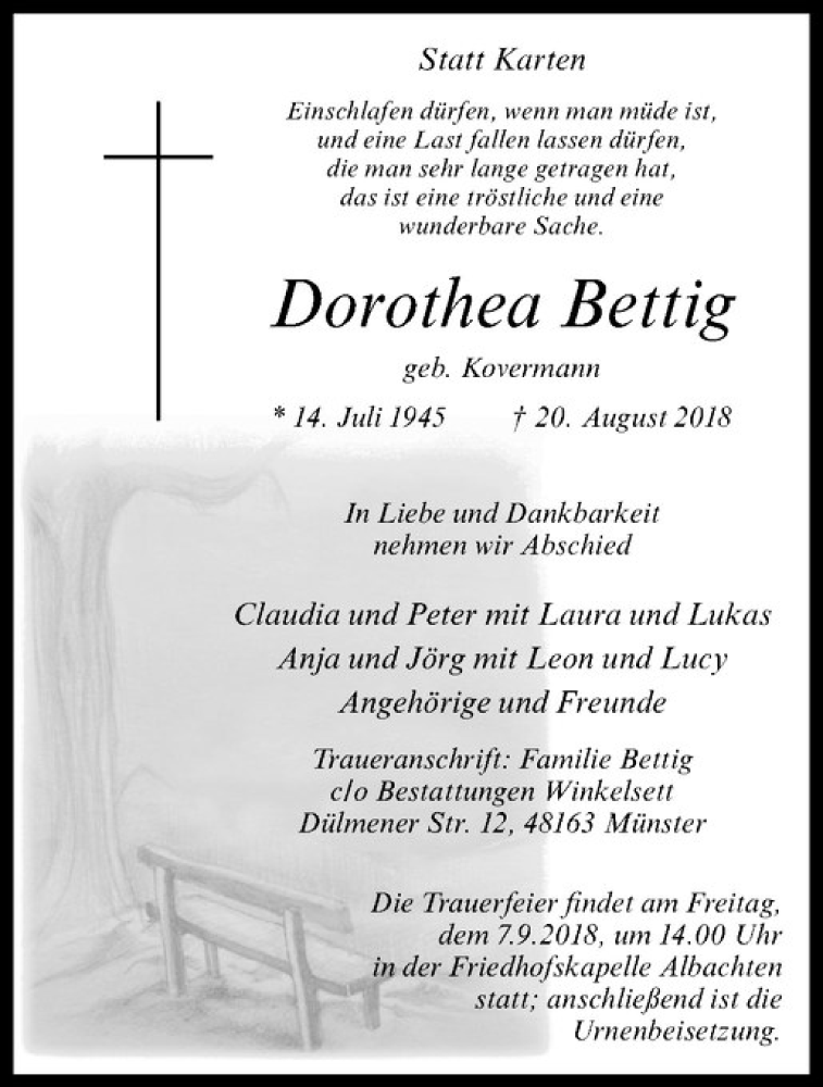  Traueranzeige für Dorothea Bettig vom 01.09.2018 aus Westfälische Nachrichten