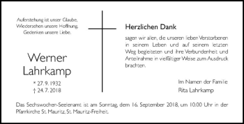 Anzeige von Werner Lahrkamp von Westfälische Nachrichten