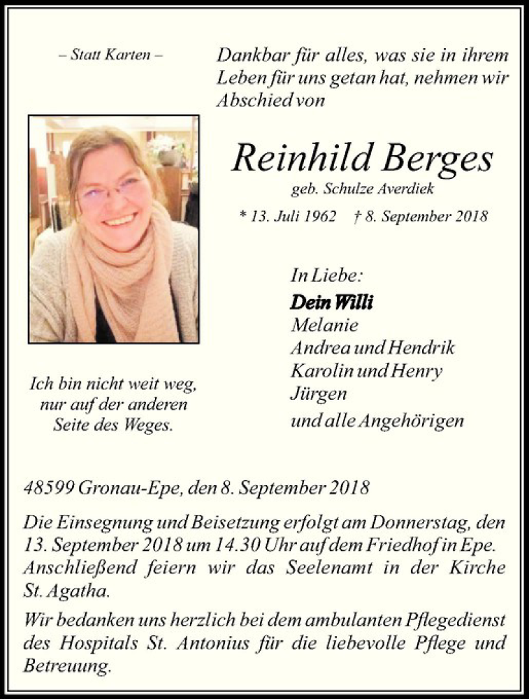  Traueranzeige für Reinhild Berges vom 11.09.2018 aus Westfälische Nachrichten