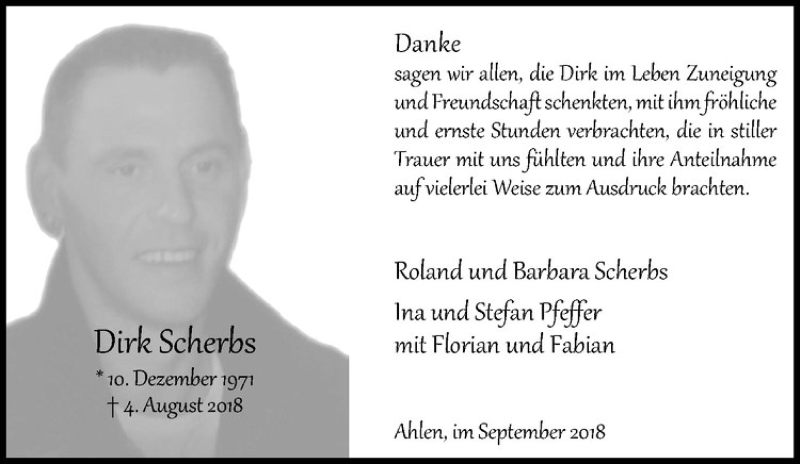  Traueranzeige für Dirk Scherbs vom 22.09.2018 aus Westfälische Nachrichten