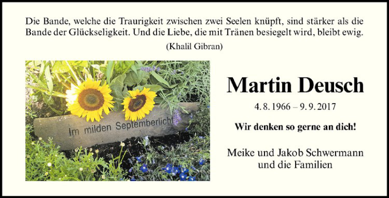  Traueranzeige für Martin Deusch vom 08.09.2018 aus Westfälische Nachrichten