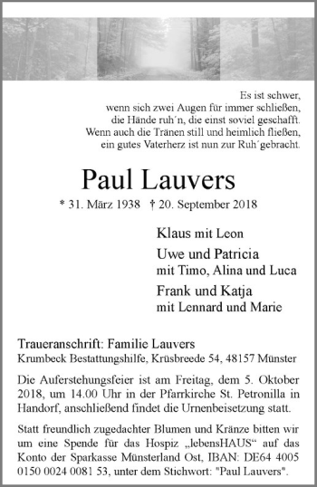 Anzeige von Paul Lauvers von Westfälische Nachrichten