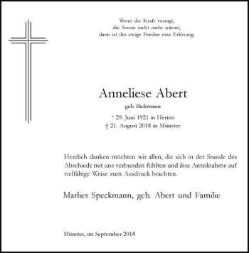 Anzeige von Anneliese Albert von Westfälische Nachrichten