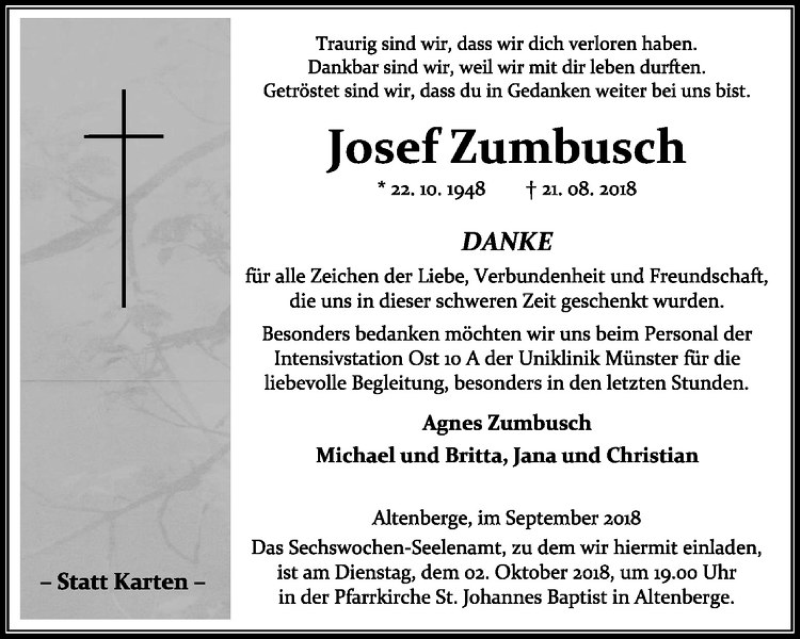  Traueranzeige für Josef Zumbusch vom 27.09.2018 aus Westfälische Nachrichten