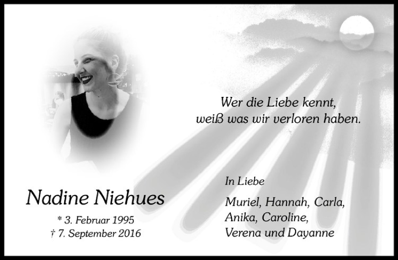  Traueranzeige für Nadine Niehues vom 07.09.2018 aus Westfälische Nachrichten