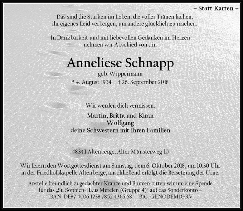  Traueranzeige für Anneliese Schnapp vom 29.09.2018 aus Westfälische Nachrichten