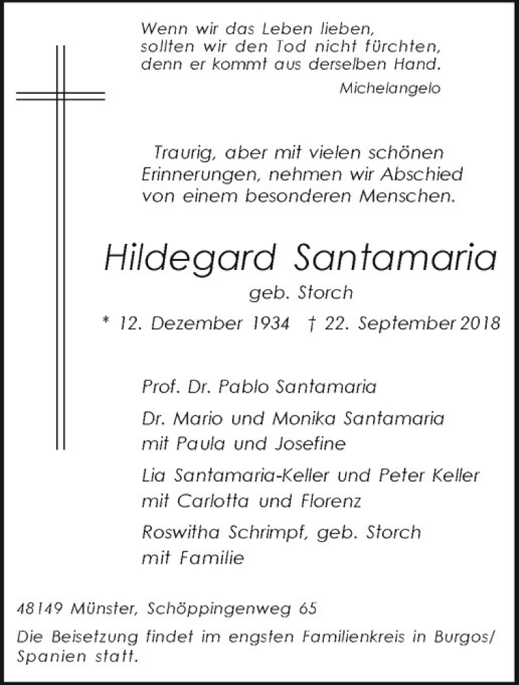  Traueranzeige für Hildegard Santamaria vom 29.09.2018 aus Westfälische Nachrichten