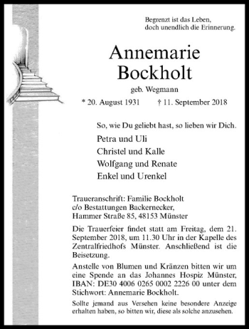Anzeige von Annemarie Bockholt von Westfälische Nachrichten