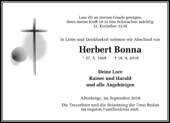 Anzeige von Herbert Bonna von Westfälische Nachrichten