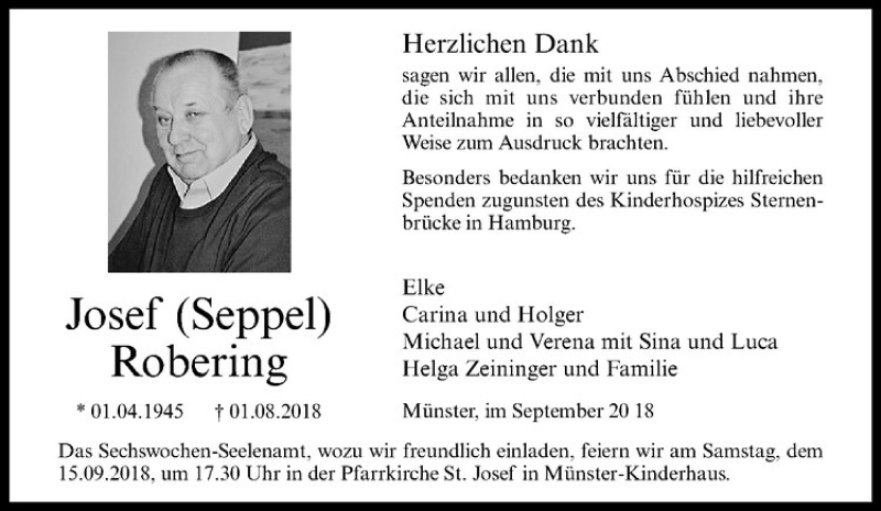  Traueranzeige für Josef Robering vom 08.09.2018 aus Westfälische Nachrichten