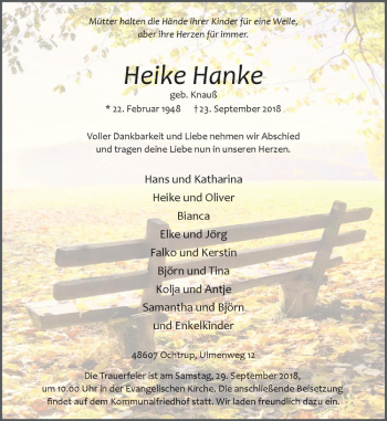 Anzeige von Heike Hanke von Westfälische Nachrichten