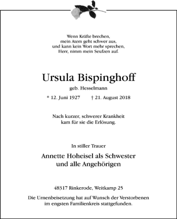 Anzeige von Ursula Bispinghoff von Westfälische Nachrichten