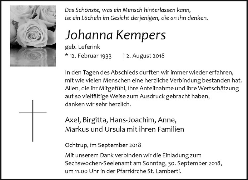  Traueranzeige für Johanna Kempers vom 26.09.2018 aus Westfälische Nachrichten
