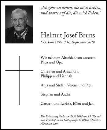 Anzeige von Helmut Josef Bruns von Westfälische Nachrichten