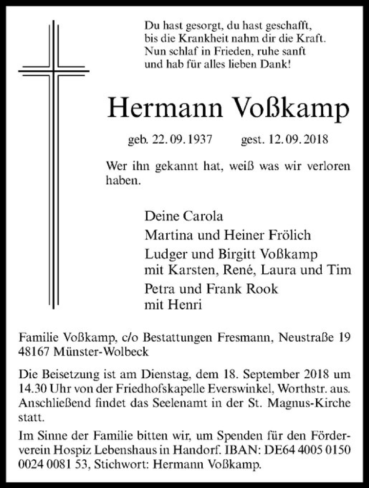  Traueranzeige für Hermann Voßkamp vom 15.09.2018 aus Westfälische Nachrichten