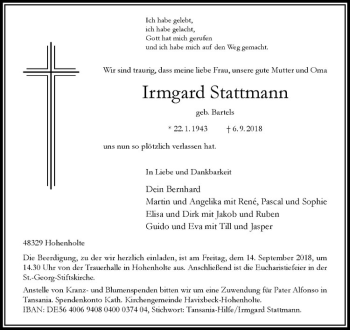 Anzeige von Irmgard Stattmann von Westfälische Nachrichten