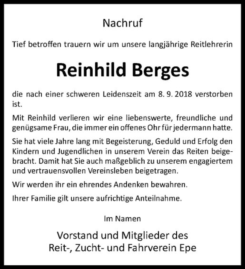  Traueranzeige für Reinhild Berges vom 13.09.2018 aus Westfälische Nachrichten