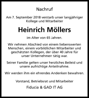 Anzeige von Heinrich Möllers von Westfälische Nachrichten