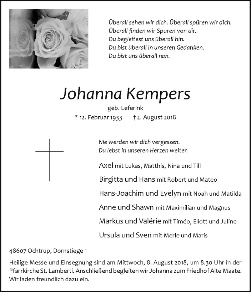  Traueranzeige für Johanna Kempers vom 06.08.2018 aus Westfälische Nachrichten
