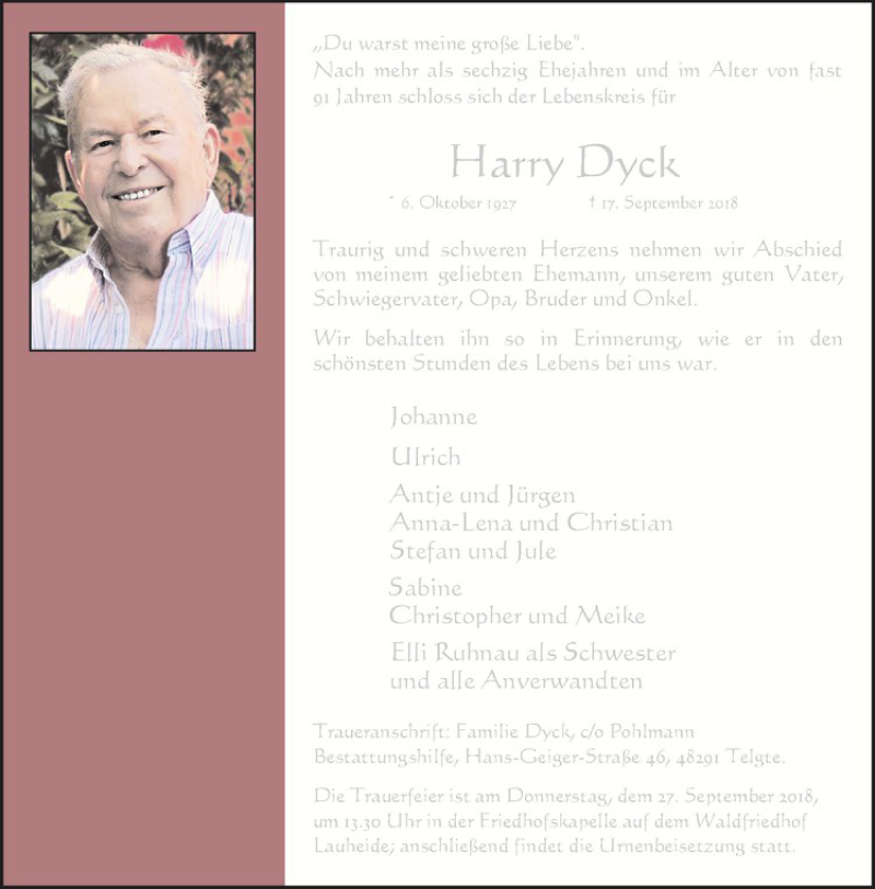  Traueranzeige für Harry Dyck vom 22.09.2018 aus Westfälische Nachrichten
