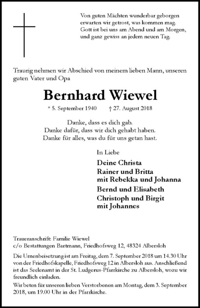  Traueranzeige für Bernhard Wiewel vom 01.09.2018 aus Westfälische Nachrichten