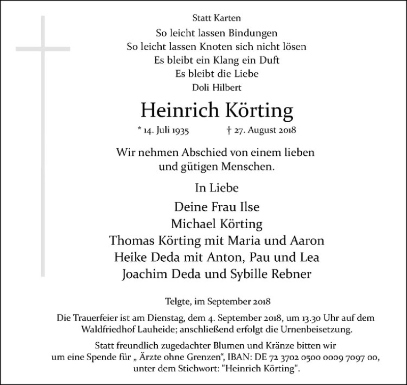  Traueranzeige für Heinrich Körting vom 01.09.2018 aus Westfälische Nachrichten