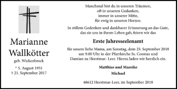 Anzeige von Marianne Wallkötter von Westfälische Nachrichten