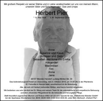 Anzeige von Herbert Pier von Westfälische Nachrichten