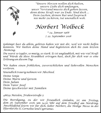Anzeige von Norbert Wolbeck von Westfälische Nachrichten