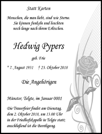 Anzeige von Hedwig Pypers von Westfälische Nachrichten