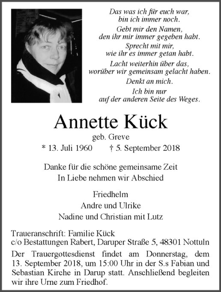  Traueranzeige für Annette Kück vom 08.09.2018 aus Westfälische Nachrichten