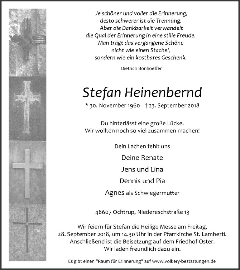  Traueranzeige für Stefan Heinenbernd vom 26.09.2018 aus Westfälische Nachrichten