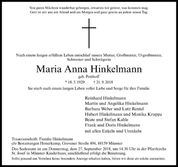 Anzeige von Maria Anna Hinkelmann von Westfälische Nachrichten