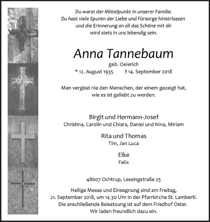  Traueranzeige für Anna Tannebaum vom 17.09.2018 aus Westfälische Nachrichten