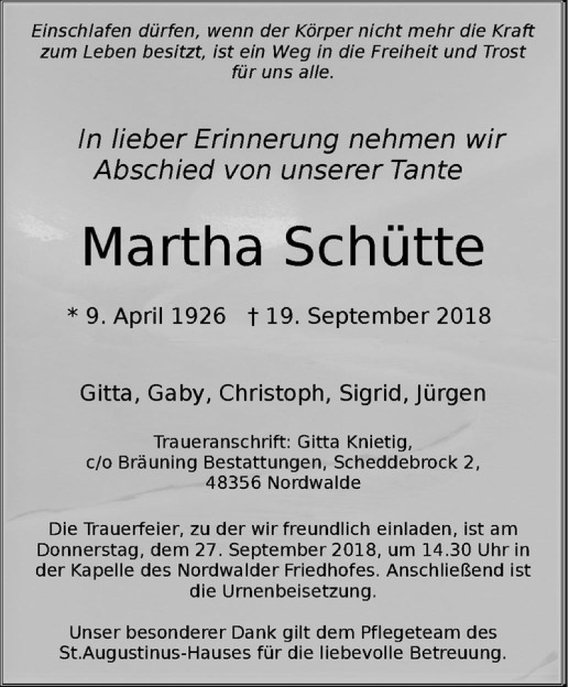  Traueranzeige für Martha Schütte vom 22.09.2018 aus Westfälische Nachrichten