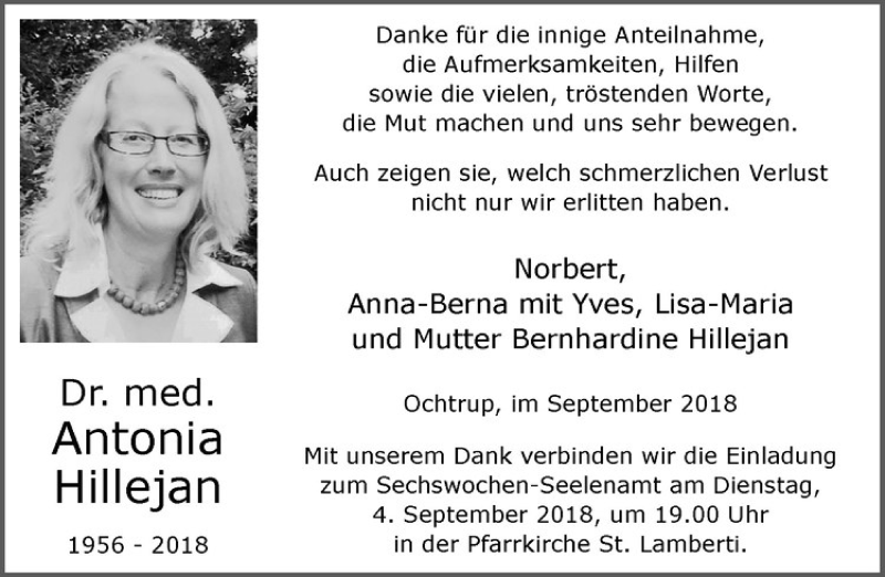  Traueranzeige für Antonia Hillejan vom 01.09.2018 aus Westfälische Nachrichten