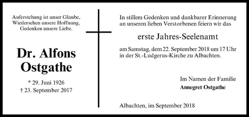  Traueranzeige für Alfons Ostgathe vom 19.09.2018 aus Westfälische Nachrichten