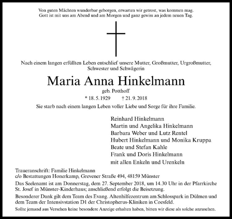  Traueranzeige für Maria Anna Hinkelmann vom 26.09.2018 aus Westfälische Nachrichten