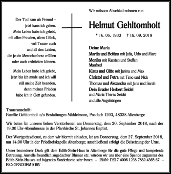 Anzeige von Helmut Gehltomholt von Westfälische Nachrichten