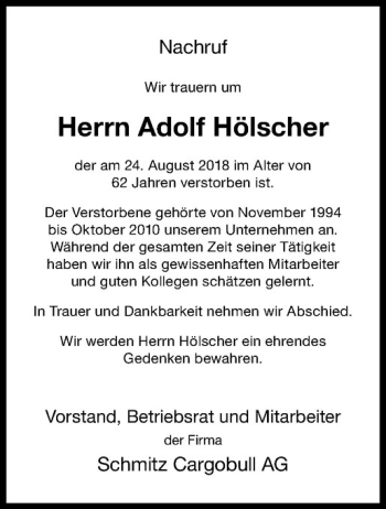 Anzeige von Adolf Hölscher von Westfälische Nachrichten