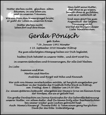 Anzeige von Gerda Pönisch von Westfälische Nachrichten