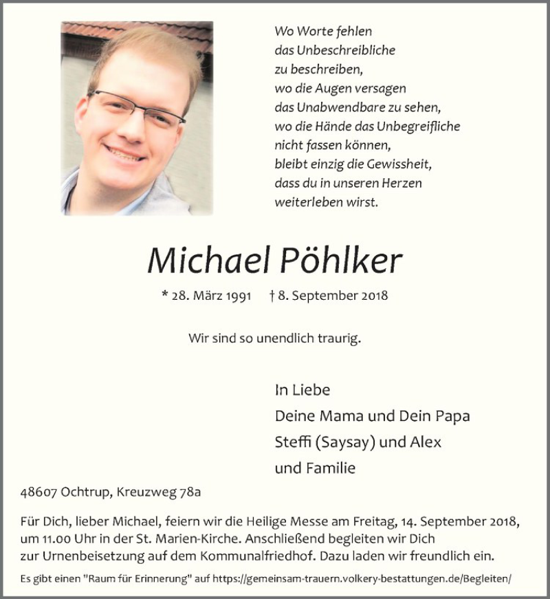  Traueranzeige für Michael Pöhlker vom 12.09.2018 aus Westfälische Nachrichten
