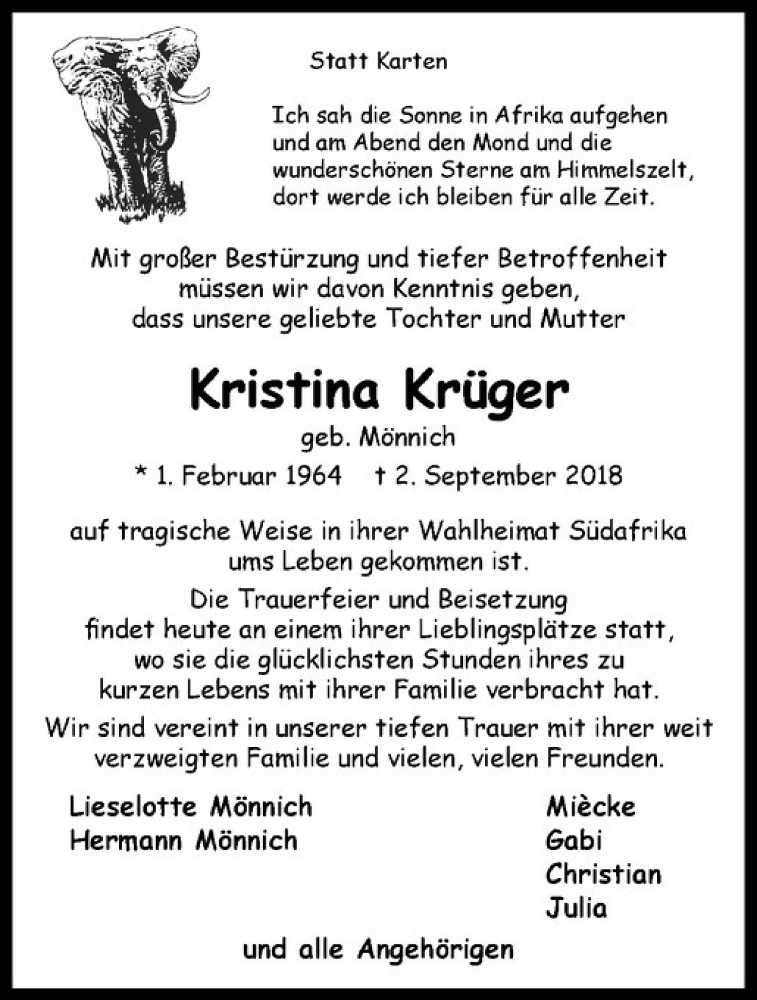  Traueranzeige für Kristina Krüger vom 12.09.2018 aus Westfälische Nachrichten