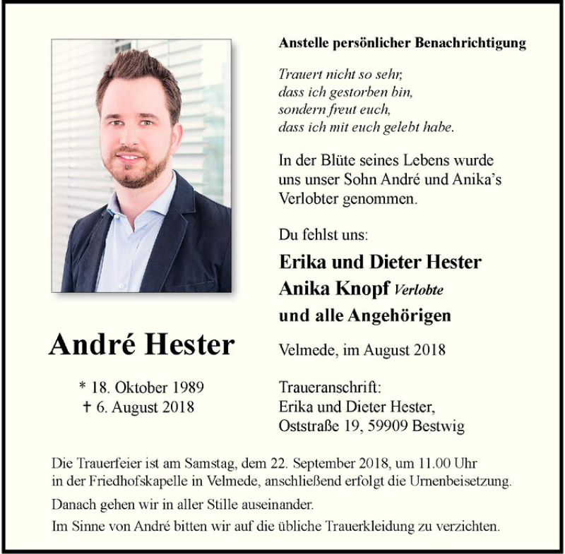  Traueranzeige für André Hester vom 08.09.2018 aus Westfälische Nachrichten