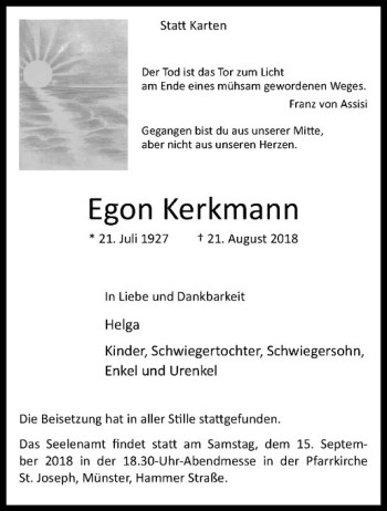 Anzeige von Egon Kerkmann von Westfälische Nachrichten