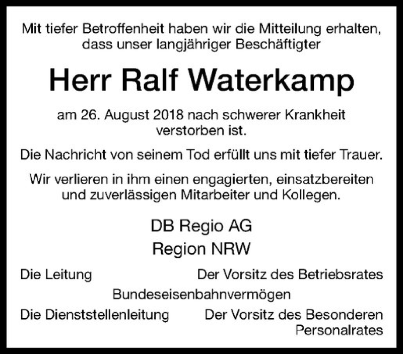  Traueranzeige für Ralf Waterkamp vom 05.09.2018 aus Westfälische Nachrichten