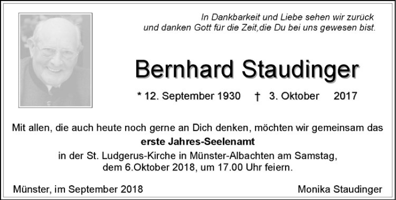  Traueranzeige für Bernhard Staudinger vom 29.09.2018 aus Westfälische Nachrichten