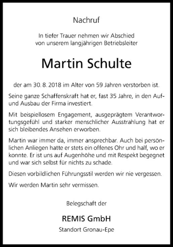 Anzeige von Martin Schulte von Westfälische Nachrichten